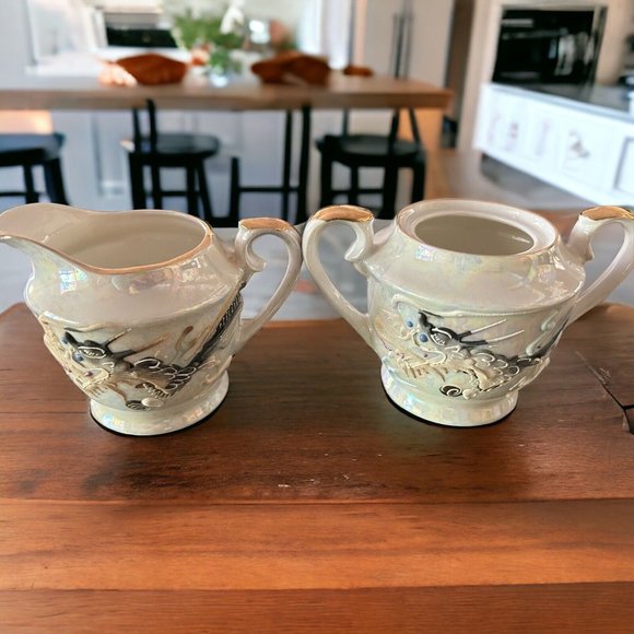 VINTAGE JAPAN Moriage DRAGONWARE DRAGON WARE CREAMER & SUGAR (Missing Lid) - Picture 1 of 16